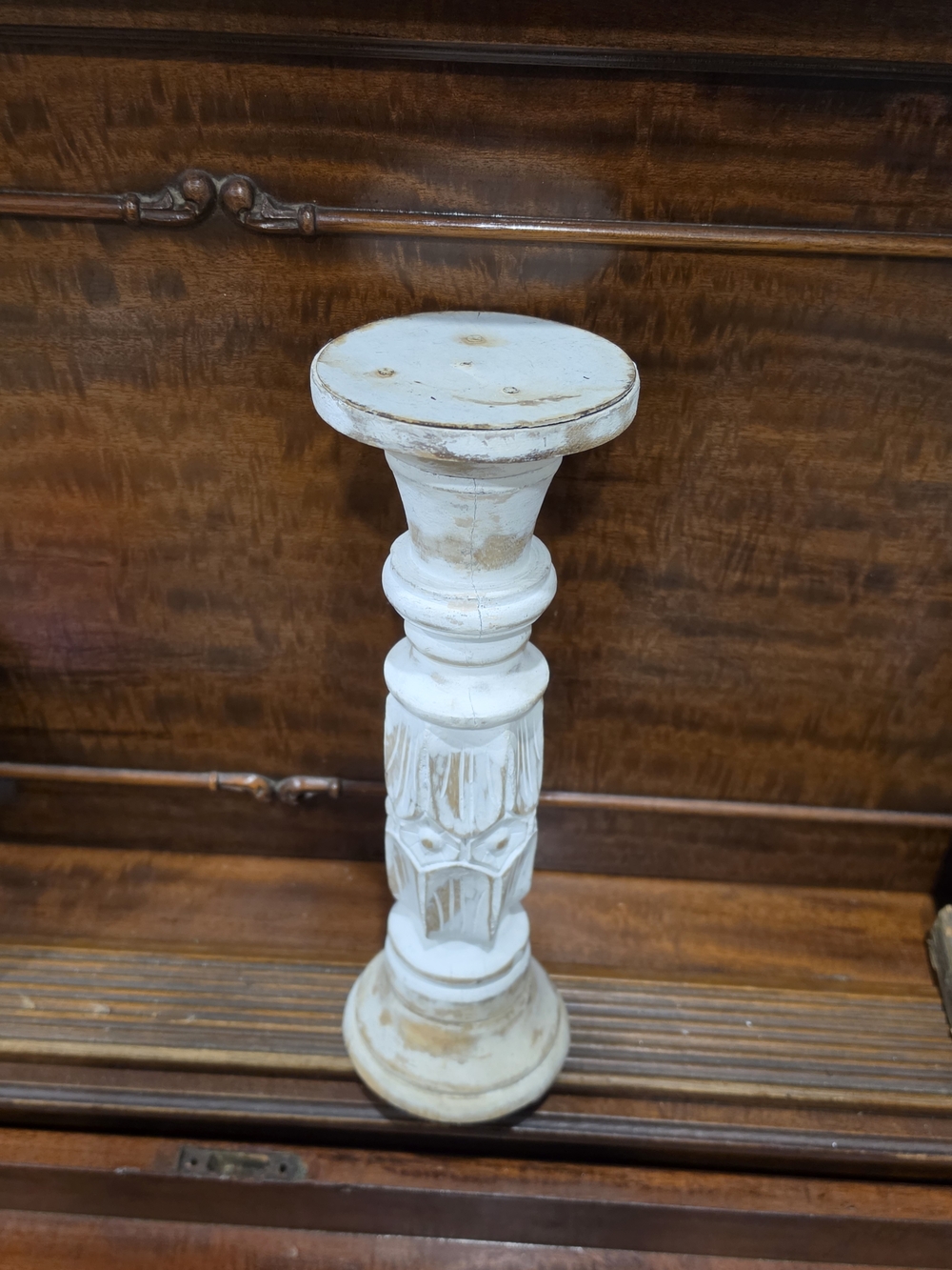 White Distressed Wooden Pedestal Candle Holder - Home Accents